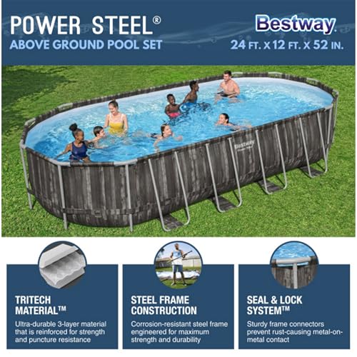 Bestway Power Steel 16' x 10' x 42" Rectangular Metal Frame Above Ground Swimming Pool Set with 1000 GPH Filter Pump, Ladder, and Pool Cover