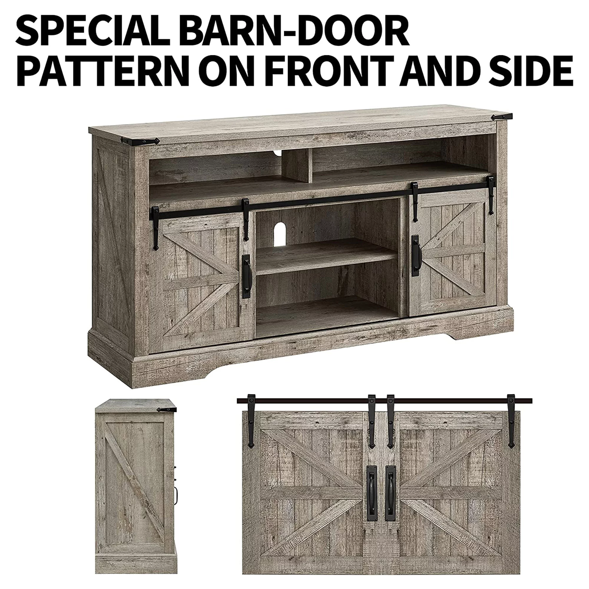 OKD 60-Inch Sliding Barn Door Wooden Farmhouse Highboy TV Stand, Light Oak