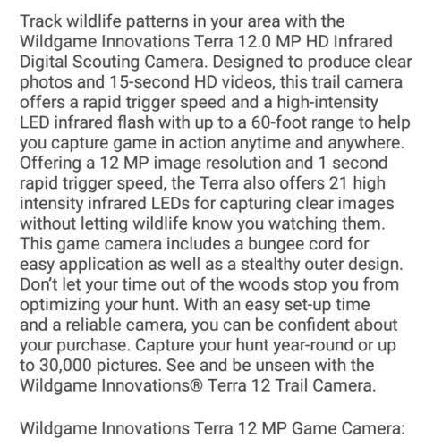Wildgame Innovations Terra 12 Mp HD Infared Digital Game Camera SD Card u0026 Batteries Included!
