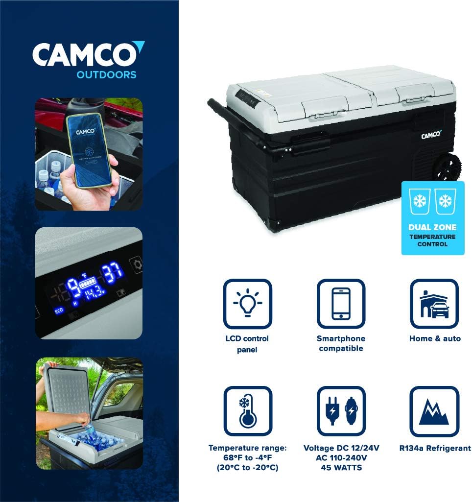 Camco 51520 CAM-750 Portable Refrigerator, AC 110V/DC 12V Compact Fridge/Freezer with Dual Zone Cooling, 75-Liter - Keeps Food and Drinks Cold While On-the-Go - Ideal for Road Trips, RVing, Camping, B
