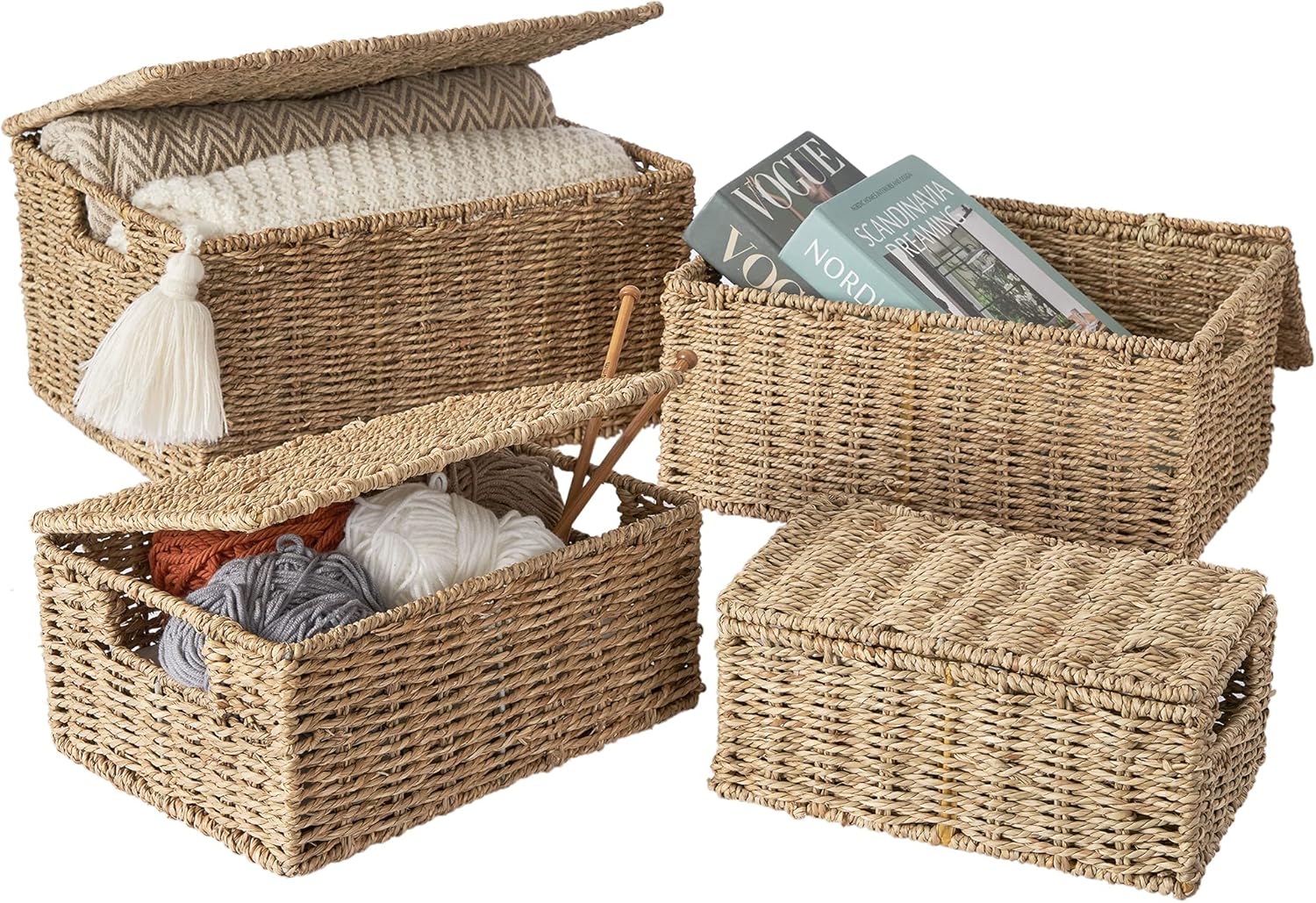 Artera Wicker Storage Basket - Set of 3 Woven Seagrass Baskets with Lid and Handle for Organizing, Large Rectangular Natural Nesting Storage Bins for Bedroom, Bathroom, Laundry Room (Set of 4) Pack of 2