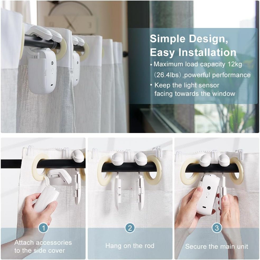 Smart Automatic Curtain Opener: 2PCS Remote Control Electric Curtain Robot with App/WiFi/Remote, High-Performance Motor Compatible with Alexa, Google, Siri for Roman Rod, T/U-shaped Track