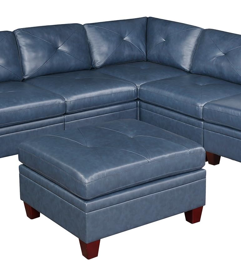 Contemporary Ink Blue Genuine Leather Sectional Sofa Set, 6-Piece, Tufted Back, Plush Couch, Wood Legs, 132 x 102 x 35 Inches NOT INCLUDE ottoman
