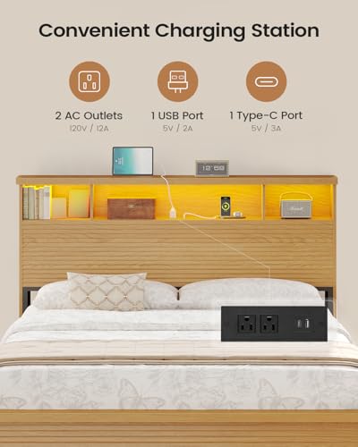 VIAGDO Wood Bed Frame Full Size with 4 Storage Drawers and Charging Station, Fluted Led Full Bed Frame with 2 Tier Storage Headboard, No Box Spring Needed,Wood