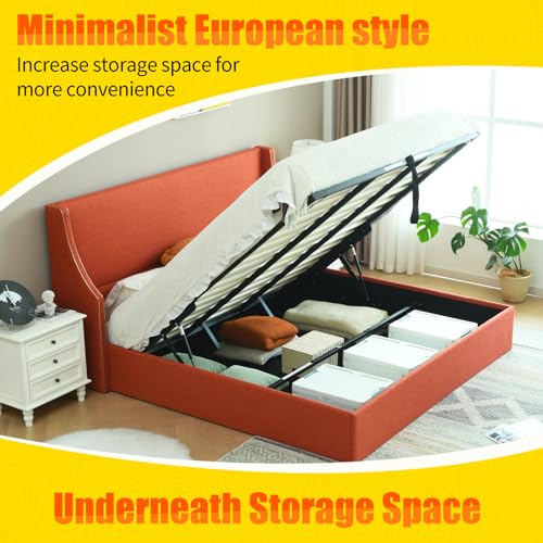 Queen Size Hydraulic Lift Bed, Upholstered Platform Storage Bed, Dual Wing Back Headboard with Gold Line Accents, Hydraulic Support Bars, No Box Spring Required, Easy Assembly (OCHER, King)