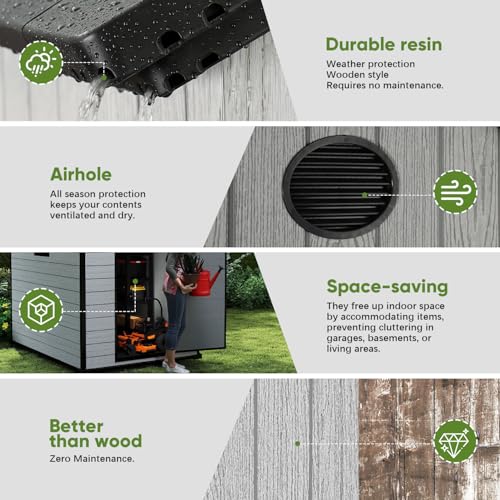 7.3 x 12 FT Shed Resin Outdoor Storage with Floor, 566 cuft Plastic Shed with Window and Lockable Door for Garden, Backyard, with Wood Texture, Grey
