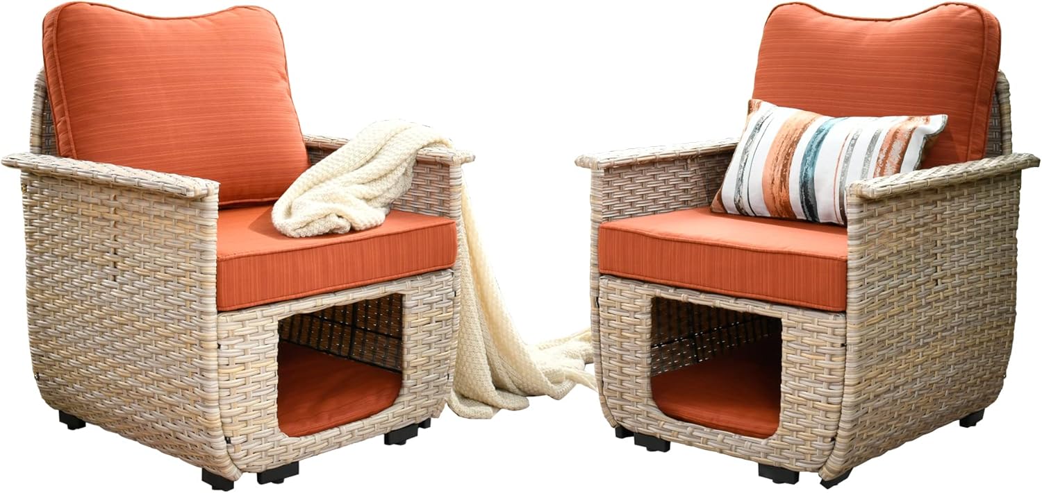 ovios Patio Chair Set Outdoor Furniture Conversation Sets with Pet House Wicker Rattan Sofa Patio Bistro Set High Back Chairs for Porch Deck Backyard (Beige Wicker-Orange Red)