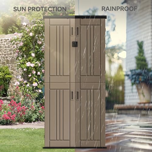 YITAHOME Outdoor Storage Cabinet with 2 Shelves, Waterproof Resin Horizontal Tool Shed, Lockable 15 cu. ft. Storage Shed for Patio, Garden, Yard, Dark Gray