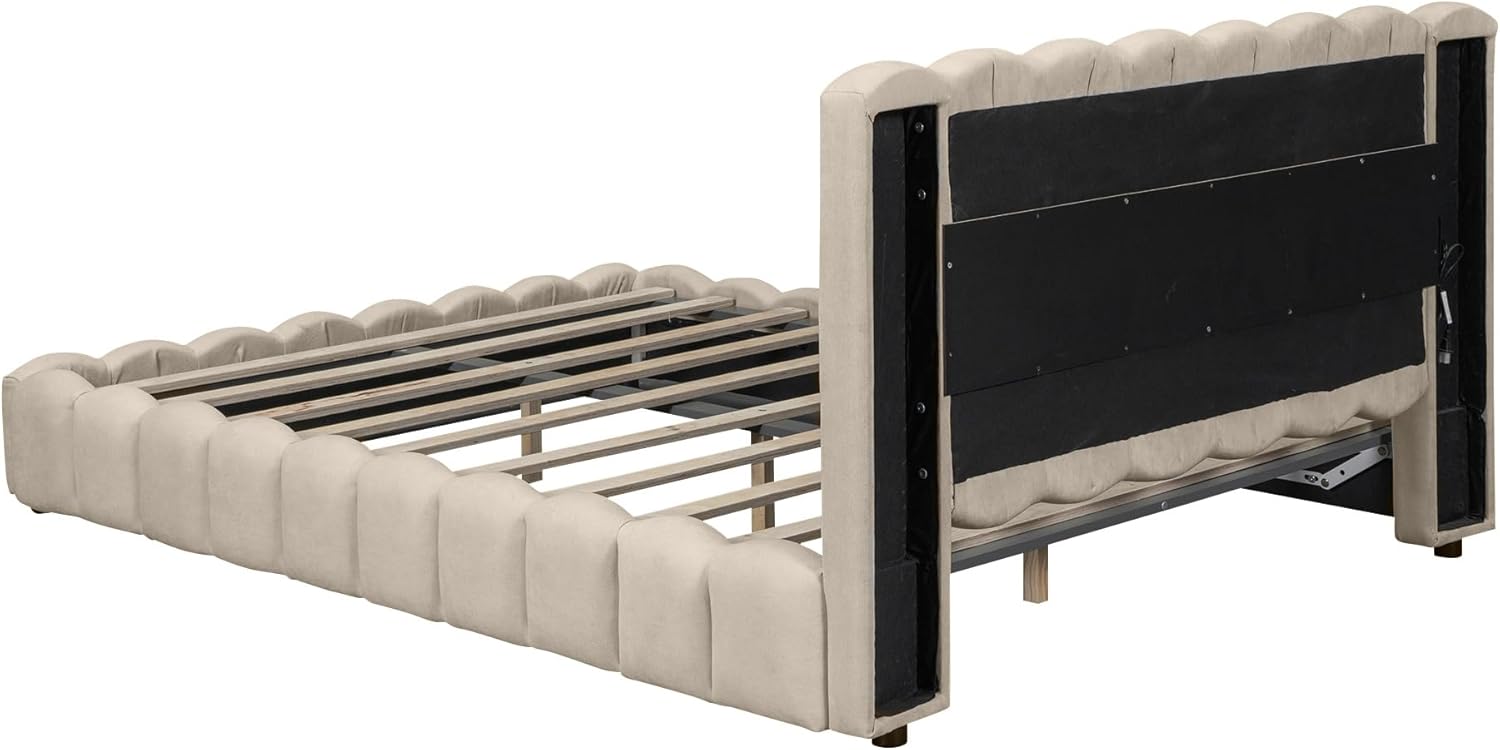 Harper & Bright Designs Grounded Upholstered Queen Bed with Lift Up Storage,Queen LED Bed Frame with USB Charging, Lift-Up Storage Bed Queen for Teens Adults,Linen Fabric,No Box Spring Needed,Beige