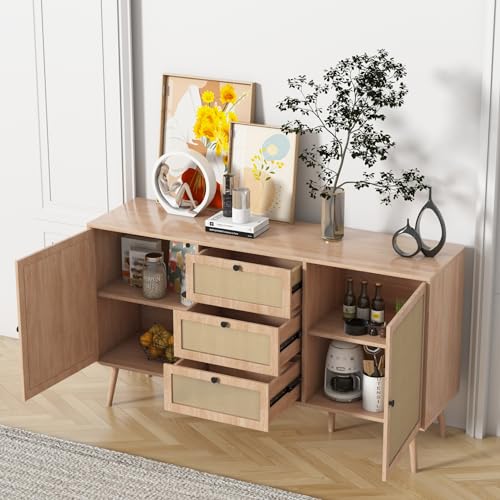 Rattan Sideboard Buffet Cabinet Boho Rattan Storage Cabinet with 2 Doors and 3 Drawers Accent Cupboard Console Table with Adjustable Shelves for Dining Living Room Kitchen