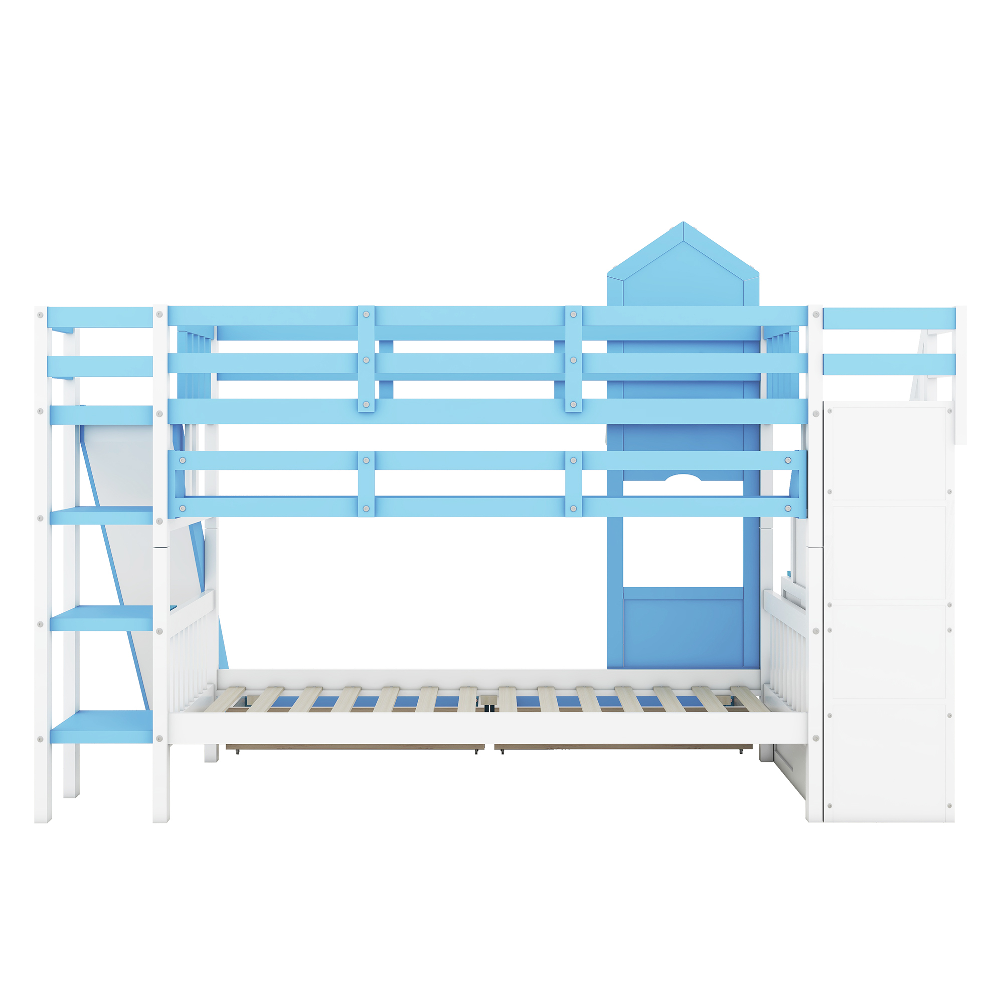 Blue Castle-Themed Twin Bunk Bed with Slide, 2 Drawers & 3 Shelves for Kids' Room