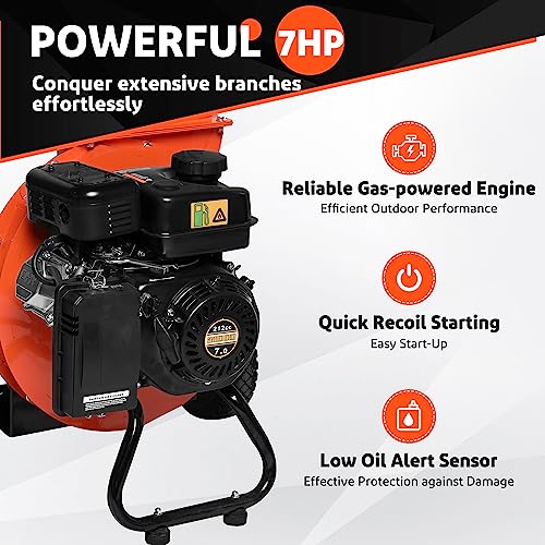 3 in 1 Wood Chipper Shredder Mulcher, 7 HP 212cc Heavy Duty Gas Powered, 3" Inch Max Wood Diameter Capacity, 2 Hoppers Multi-Function with Large Cutting Disc, Included Debris Bag