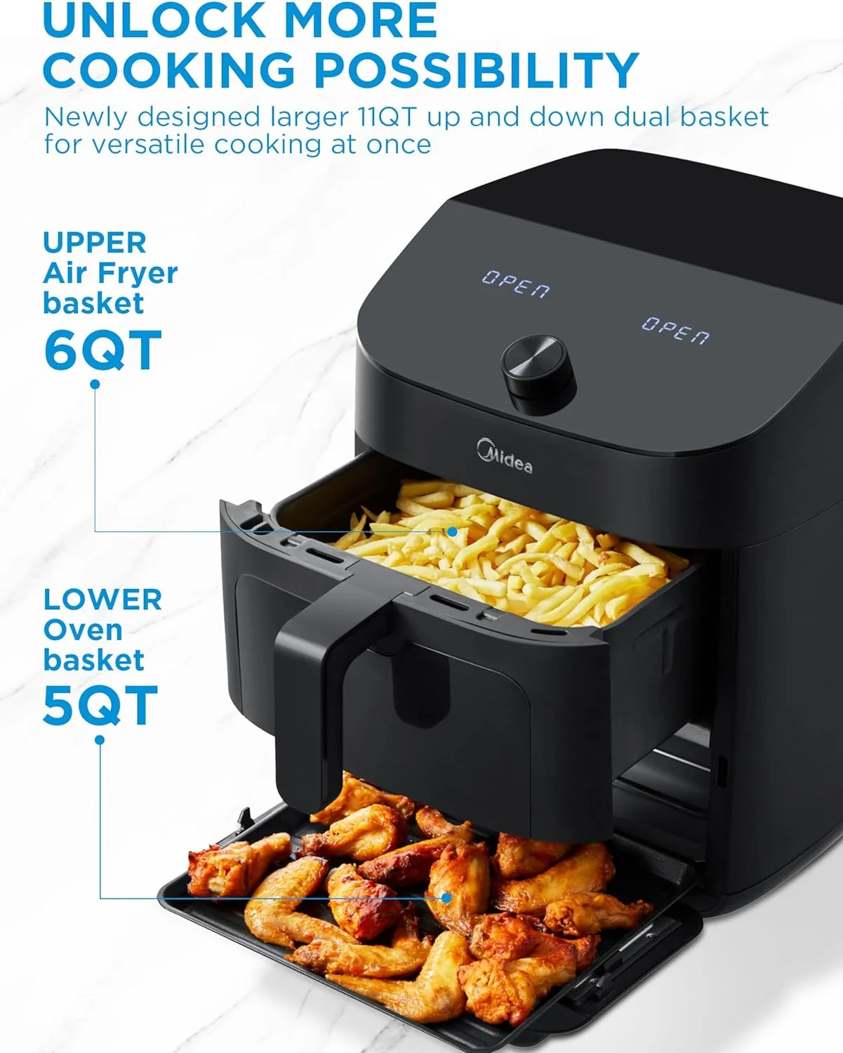 Midea 8 in 1 Dual Air Fryer 11 Quart with 2 Independent Baskets Clear Windows, Smart Sync Finish, 3 Heating Tubes, Wi-Fi Connectivity&50+ App Recipes For Family-Sized Meals
