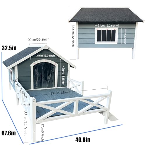 Large Wooden Dog House Outdoor with Porch, 67'' Outside Dog Kennel with Weather-Resistance Roof and PVC Curtain, Wood Pet House Used Indoor Outdoor for Small Medium Dogs Cats Pets