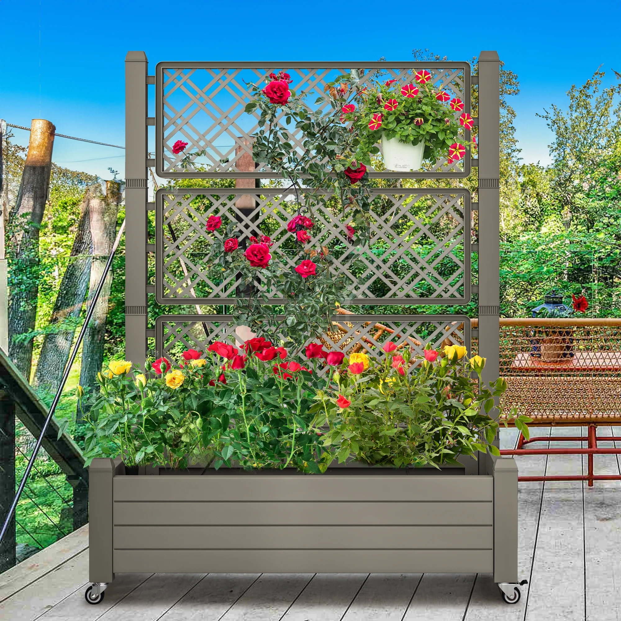 Dextrus 61'' Large Planter Box; Outdoor Raised Garden Bed with Trellis and Lockable Wheels,Ideal for Vines and Climbing Plants,with Drain Plug,43.3"L x 17.7"W x 61"H - Light Brown