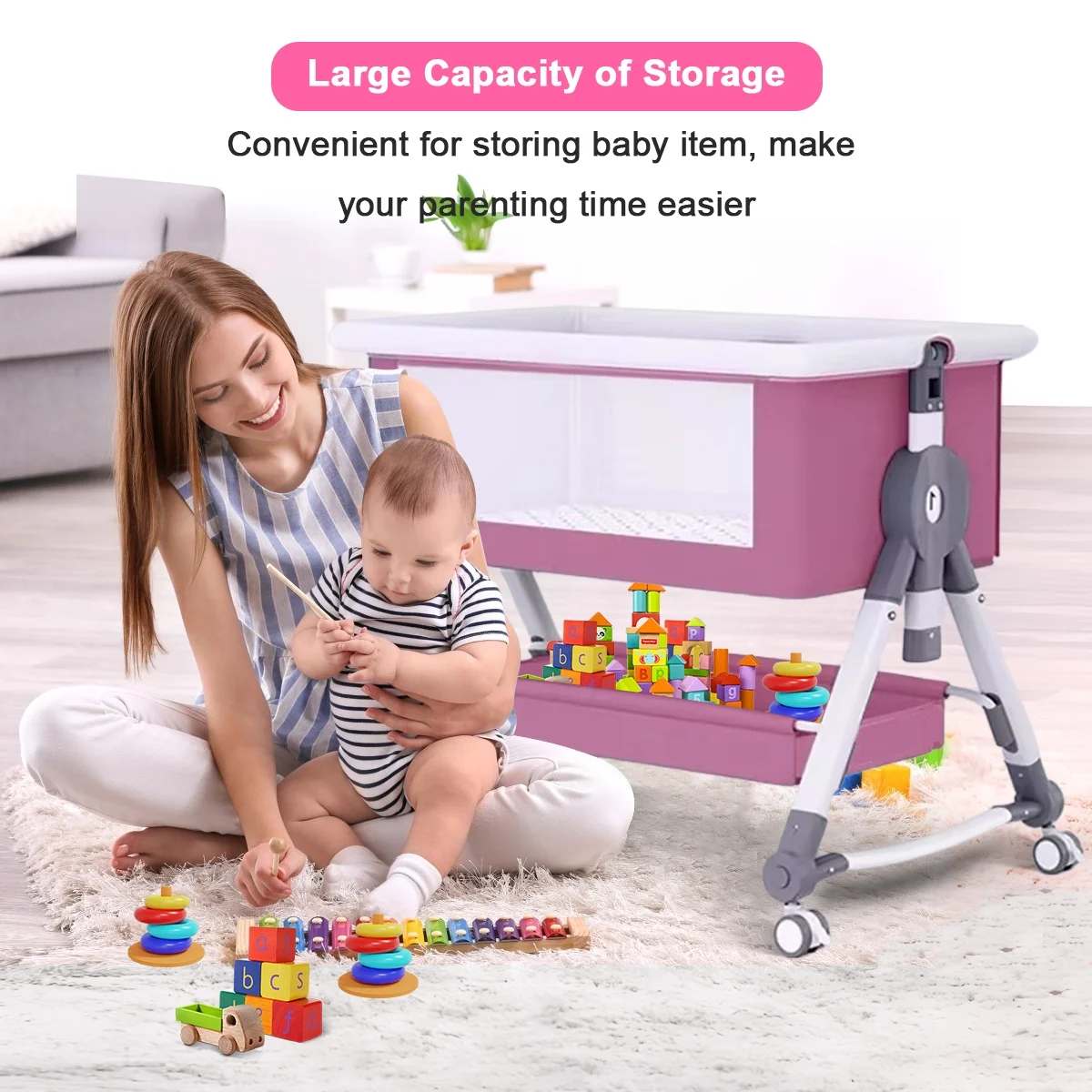 Baby Bassinet, 4 in 1 Infant Bedside Crib with Storage Basket and Wheel &Changing Table, Adjustable Infant Cradle, Pink