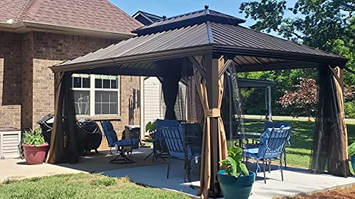 YOLENY 10' x 12' Hardtop Gazebo, Wood-Looking Gazebo with Galvanized Steel Double Roof, Aluminum Frame, Permanent Metal Pavilion with Netting and Curtains for Deck, Backyard, Patio and Lawns