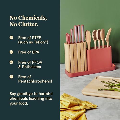 Caraway 14-Piece Kitchen Prep Set - Kitchen Knife Set & Wooden Utensil Set - Made With Premium German Steel Blades & FSC-Certified Birch Wood - Non-Toxic Materials - Includes Organizer