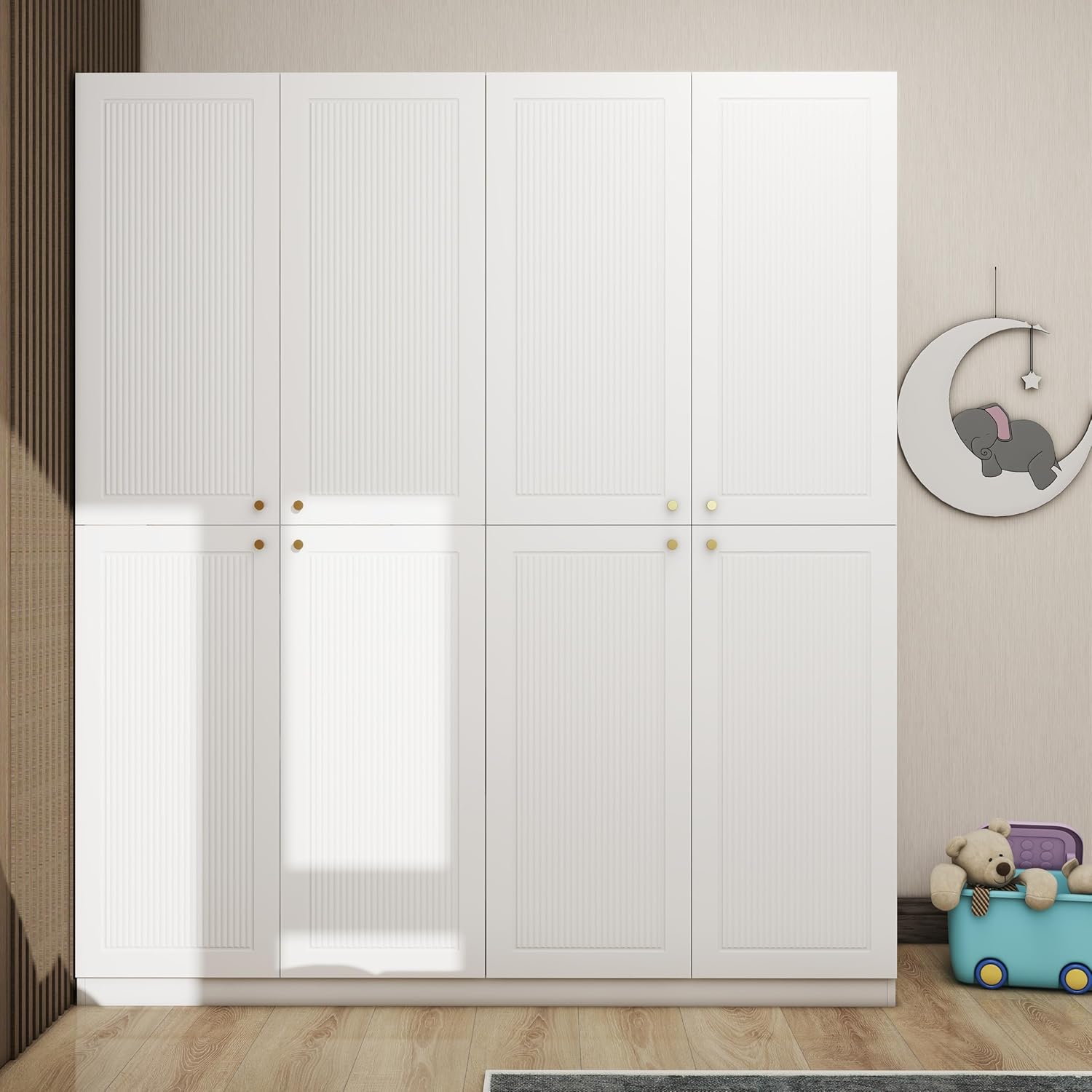4 Door European Modern Wardrobe, Wood White Armoires with 2 Storage Drawers, Bedroom Armoires Clothes Storage Cabinet with Clothing Rods and Shelves, Bedroom Furniture Wardrobe Armoires