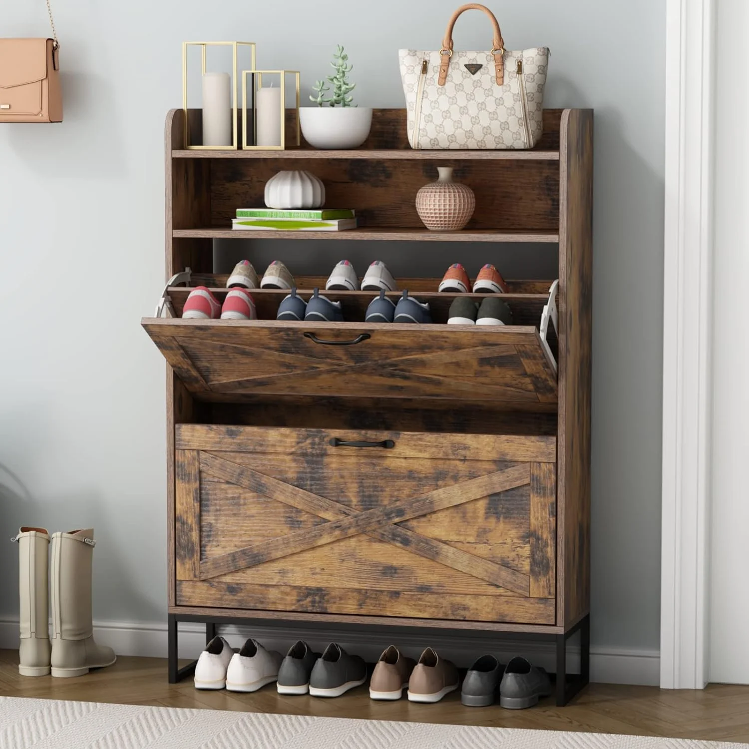 HOOMHIBIU Shoe  Cabinet with 2 Flip Drawers  Freestanding Tipping Bucket Shoe Organizer Cabinet Narrow Hidden Shoe Rack Cabinet with  Cubby for Entryway Slim