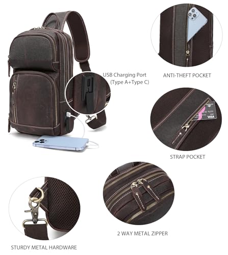 LANNSYNE Full Grain Leather Sling Bag For Men Crossbody Chest Daypack fits 10.5" iPad