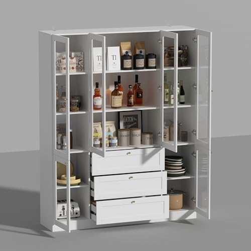 Hitow 78.7" Tall Curio Cabinet Acrylic Storage Cabinet with 5-Tier Shelf & 3 Drawer, Display Bookshelf Bookcase with 6 Acrylic Glass Doors, Liquor Cabinet for Home Office Kitchen Garage, White 63" W