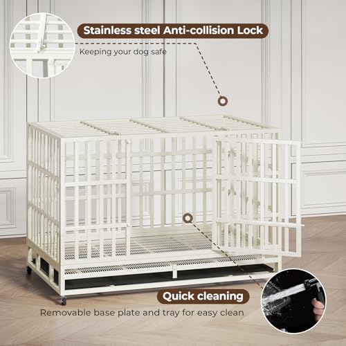 48 Inch Heavy Duty Indestructible Dog Crate Steel Escape Proof, Indoor Double Door High Anxiety Cage, Kennel with Wheels, Removable Tray, Extra Large XL XXL