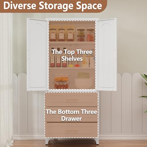 Metal Storage Cabinet with Doors and Shelves, 71 Inch Tall Kitchen Pantry Cabinet, Pantry Cabinets for Kitchen Storage, Freestanding Cupboard for Living, Dining Room, White, Assembly Required