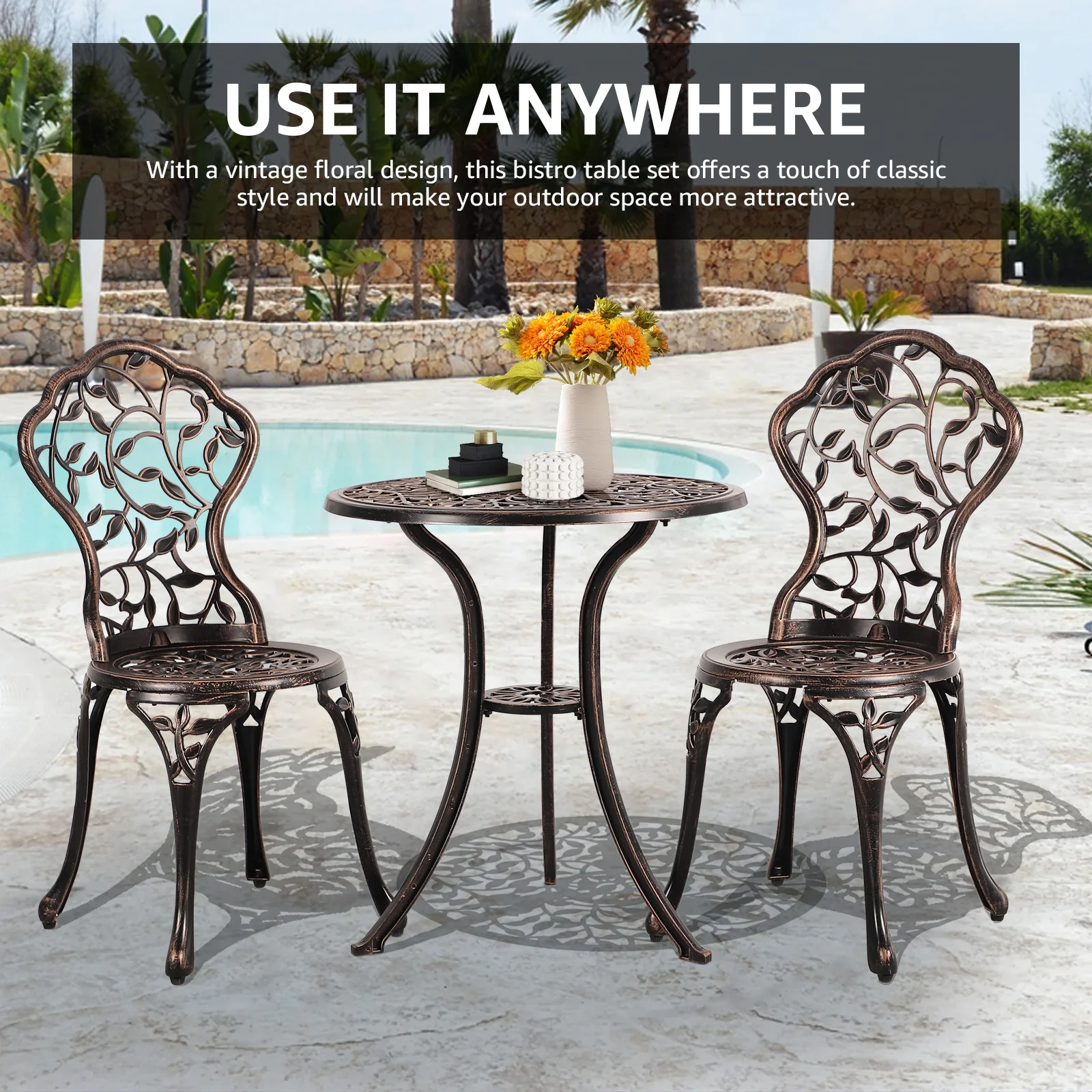 JOIVI Patio Bistro Table Set, 3 Piece Outdoor Rust-Resistant Cast Aluminum Dinning Table, Bronze