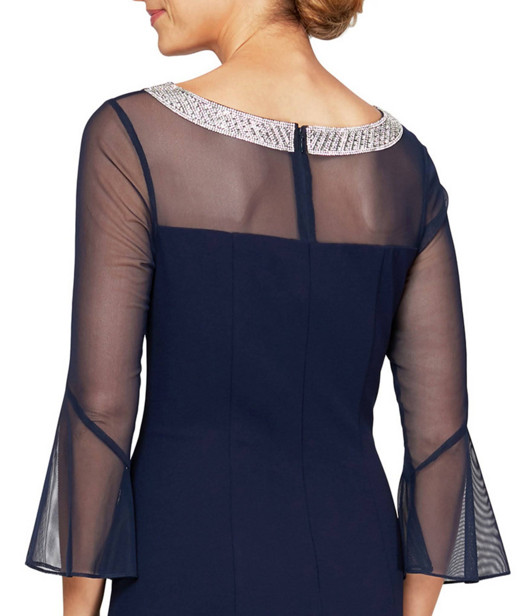 Alex Evenings Petite Size Stretch Crepe Illusion Neckline Bell Sleeve Long Gown - 8p