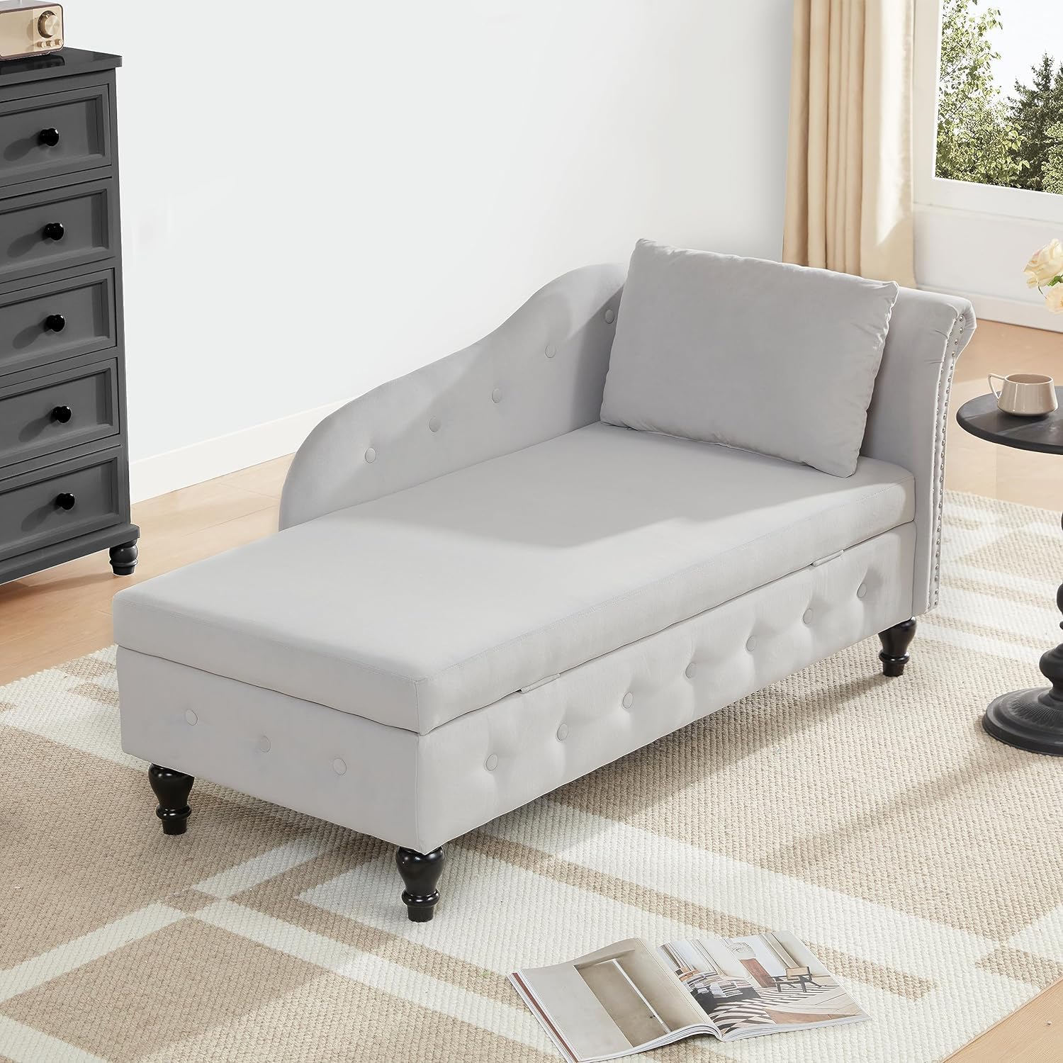Chaise Lounge Indoor with Storage, Upholstered Chaise Lounges Sofa Recliner Chair with Pillow, Modern Nailhead Trimmed Tufted Lounge Chair for Living Room Bedroom Office, Light Grey