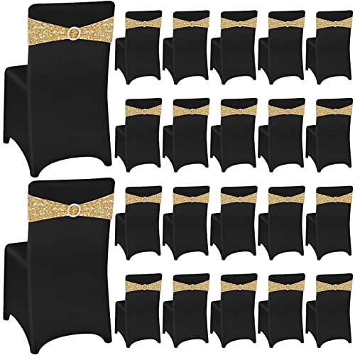 Chumia 50 Sets Chair Covers and Chair Sashes, Spandex Stretch Chair Slipcovers with Shiny Sparkly Chair Bands Bows for Wedding Party Banquet Dining Chair Decor (Black,Rose Red)