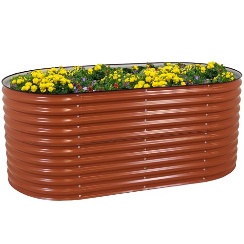 Sunnydaze 79-Inch Oval Raised Garden Bed - Stackable Steel Vegetable Flower Bed Planter Kit with Rubber Edge Trim - Brown