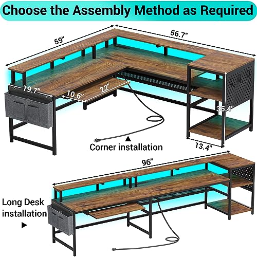 SEDETA L Shaped Gaming Desk, Reversible Computer Desk, Gaming Desk with Power Outlets & LED Strip, Monitor Shelf, Keyboard Tray, Pegboard and Storage Shelves for Home Office, Black