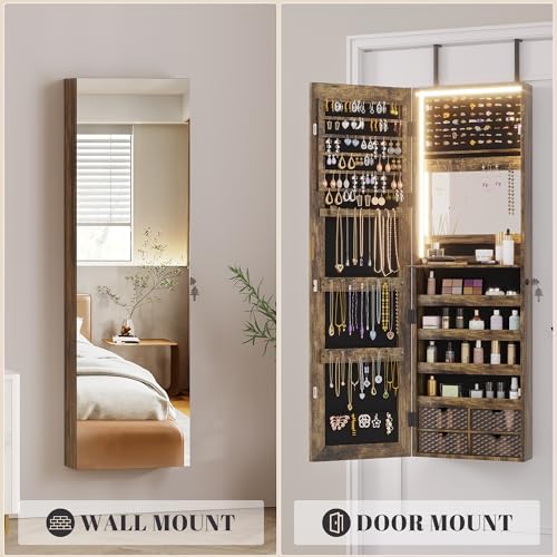 Vlsrka 47.2" LED Grey Jewelry Mirror Cabinet, Wall/Door Mounted Jewelry Armoire Organizer with Full-Length Mirror, Large Capacity Storage Hanging Cabinet, 4 Drawers, 5 Shelves, Built-in Lighted Mirror