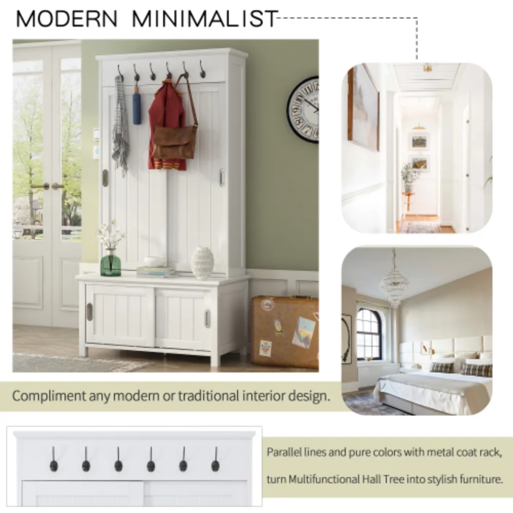 Multifunctional Hall Tree with Sliding Doors, Wooden Hallway Shoe Cabinet with Storage Bench and Shelves, Mudroom Coat Storage with Hanging Hooks for Entryways, White