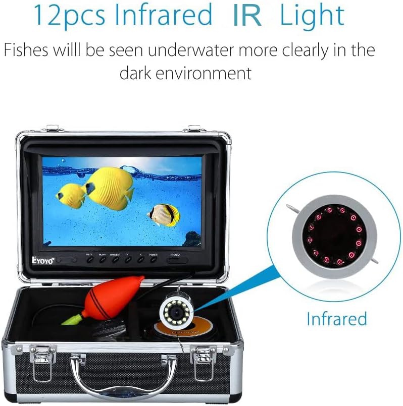 Eyoyo Portable 9 inch LCD Monitor Fish Finder 1000TVL Fishing Camera Waterproof Underwater DVR Video Cam 15m Cable 12pcs IR Infrared Lights for Ice,Lake and Boat Fishing