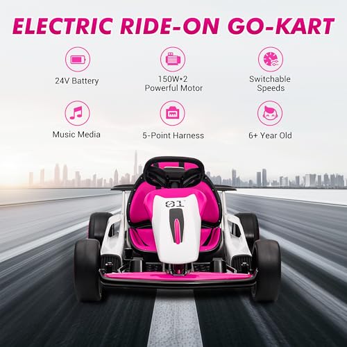 Go Kart, Electric Drift Kart Car with Adjustable Seat, 24V 7Ah Outdoor Ride On Toy, 2 * 200W Motor, 8.1 MPH, LED Lights, Toy Race Car for Kids 6-12 Years Old