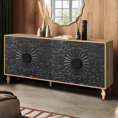 Sideboard Buffet Cabinet with Storage, Large Kitchen Storage Cabinet with Carved Door, Wood Coffee Bar Cabinet Buffet Table Console for Living Room Entryway Dining Room, Black+White