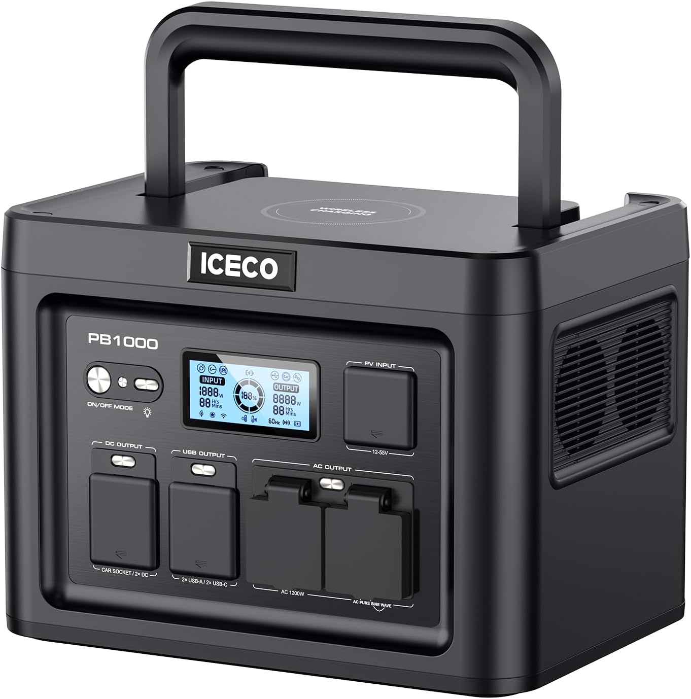 ICECO PB1000 Portable Power Station, 1075Wh Battery/ 1.6 Hour Fast Charging, with 2x1200W AC Outlets, Solar Generator for Home Backup, Emergency, Outdoor Camping