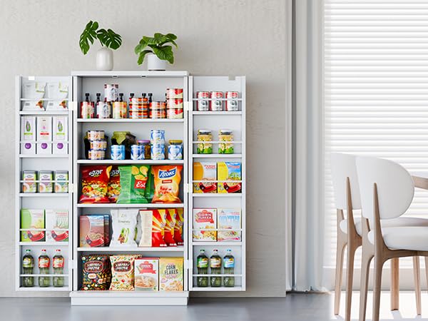 Meilocar 47in Pantry Cabinet, Wooden Kitchen Storage Cabinets Freestanding Cupboard with Doors & Adjustable Shelves, Storage Cabinet for Kitchen, Living Room, Dining Room, Office(Black)