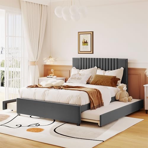 Full Size Linen Upholstered Platform Bed Frame with Twin XL Trundle and 2 Drawers Classic Headboard Design No Box Spring Required Noise Free Strong Wood Slat Support Easy to Assemble Beige
