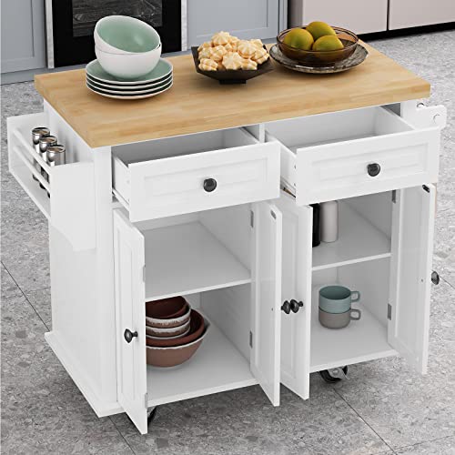 Kitchen Island Cart on Wheels with Wood Top and Drop Leaf Breakfast Bar, Rolling Kitchen Trolley with 2-Door Storage Cabinet, 3 Drawers, Towel and Spice Rack 43.31"x16.93"x36.02", White