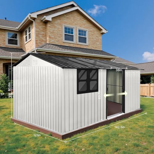 10' x 8' Large Outdoor Storage Shed, Sturdy Metal Building w/Windows & Lockable Doors for Garden, Backyard, Poolside and Lawn, Grey