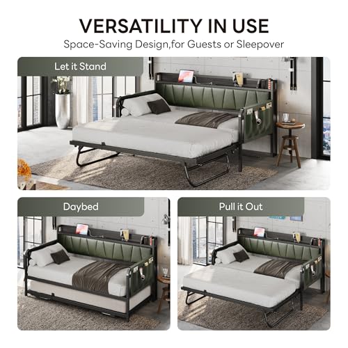 LIKIMIO Daybed with Trundle Bed, Twin Bed Frame with Storage Headboard and Charging Station, Sofa Day Bed with Strong Supports for Living Room, Bedroom, and Guest Room, Grey