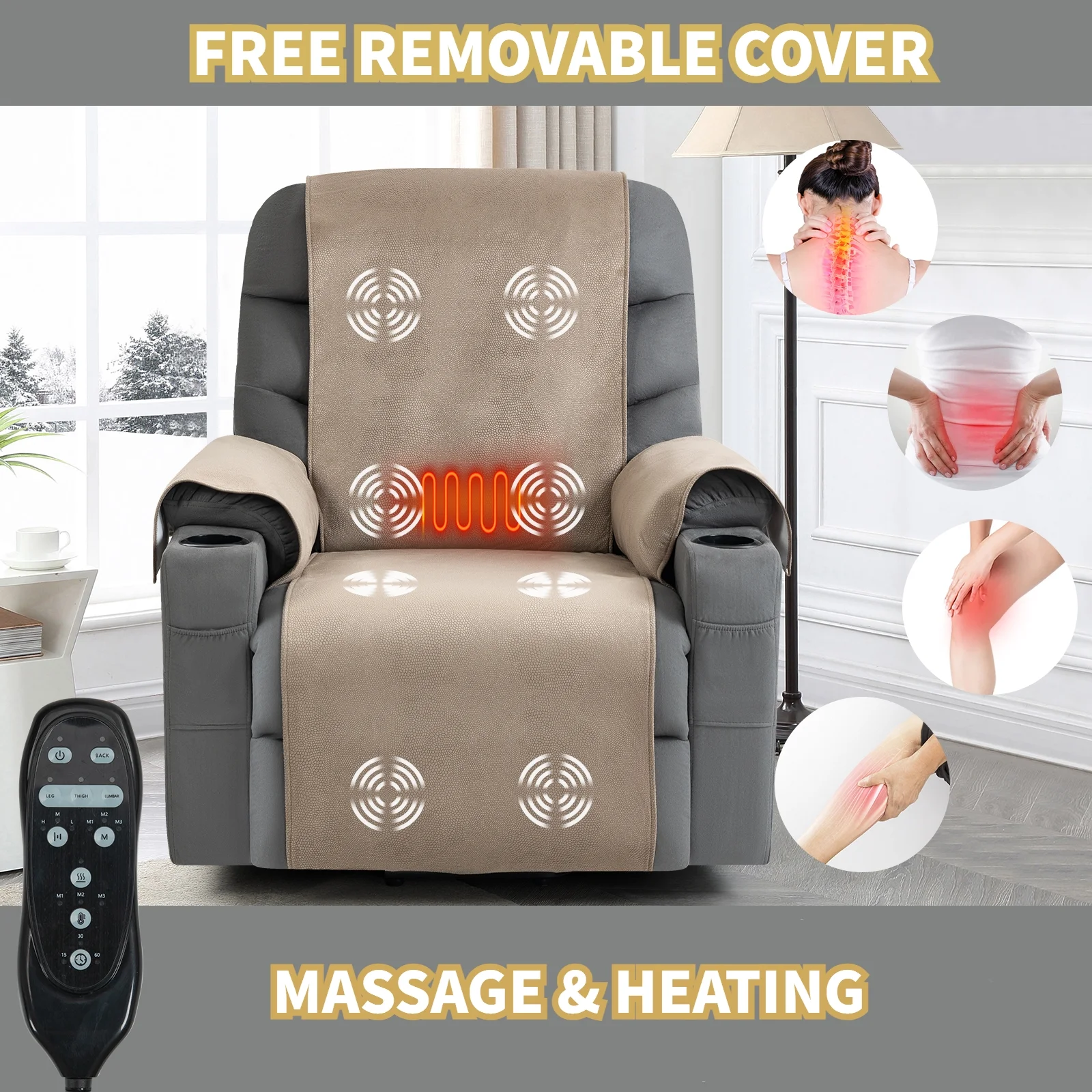Power Lift Recliner Chair for Elderly with Removable Cover,Extra Wide Recliner Massage Chair for Big and Tall People with Heated,USB Charge Port,Cup Holders(Grey)