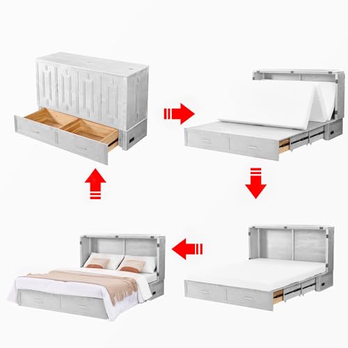 Queen Murphy Bed, Murphy Bed Cabinet with Charging Station, Storage Drawers & Foldable Mattress, Space-Saving Murphy Bed for Living Room & Bedroom (White)