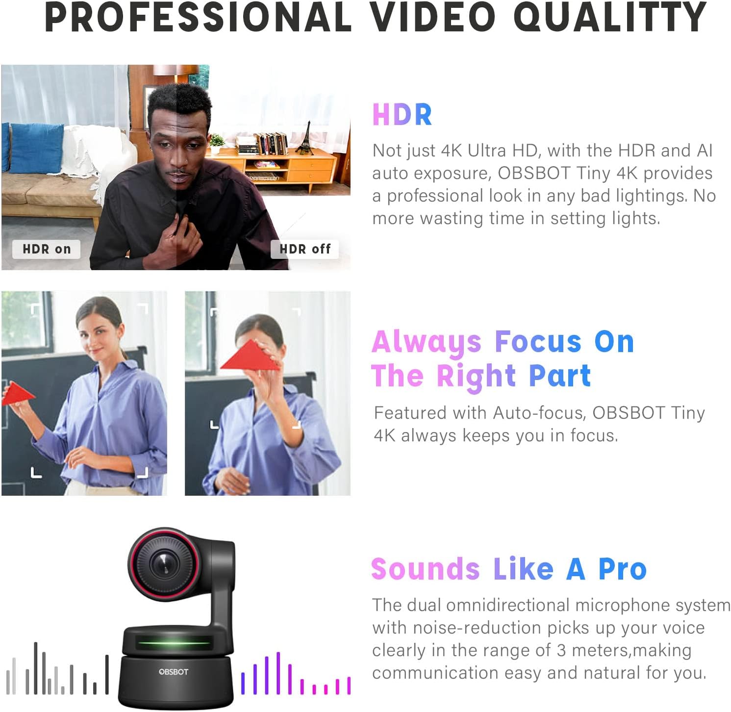 Obsbot Tiny 4K PTZ Webcam, AI-Powered AI-Tracking Auto-Framing Gesture Control HDR 4K Webcam with Dual Omni-Directional Mic 4X Zoom in/Out for Video Meeting Remote Class Live Streaming
