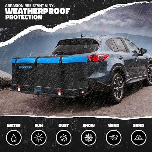 Mockins 60x20x6 Heavy-Duty Trailer Hitch Cargo Carrier 500lb Cap & 16 CuFt Soft Shell Waterproof Luggage Cargo Bag |Folding Hitch Cargo Carrier w/Net & Hitch Accessories |2" Receiver Hitch Cargo Rack