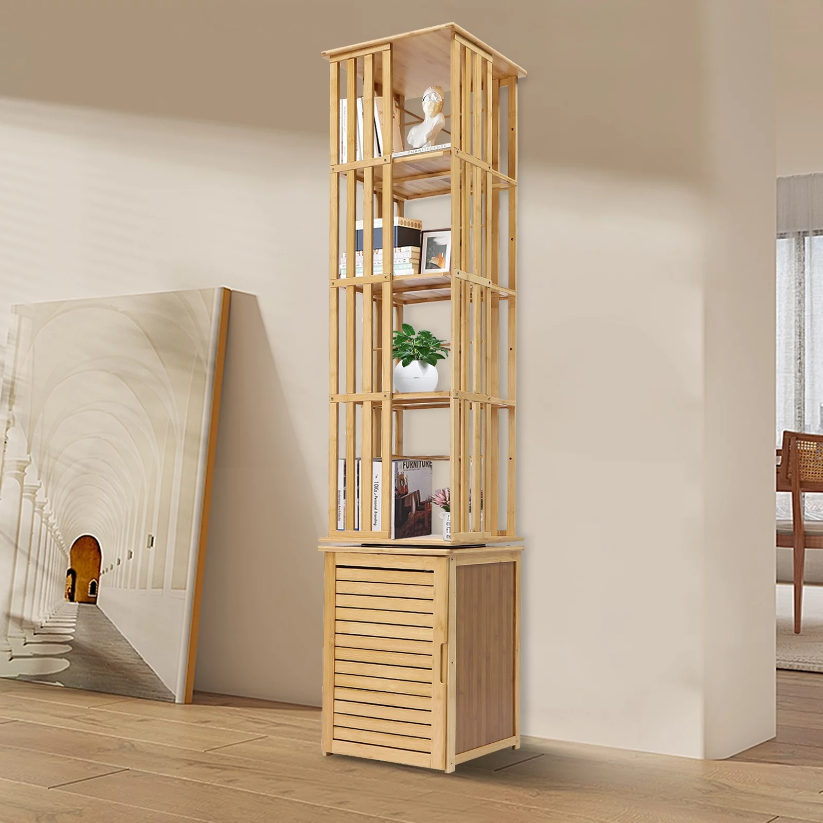 ZhdnBhnos 6 Tier 360° Rotating Corner Bookshelf Floor Standing Revolving Bookcase Bamboo Storage Rack Narrow Book Shelf Organizer for Bedroom, Living Room, Study Room